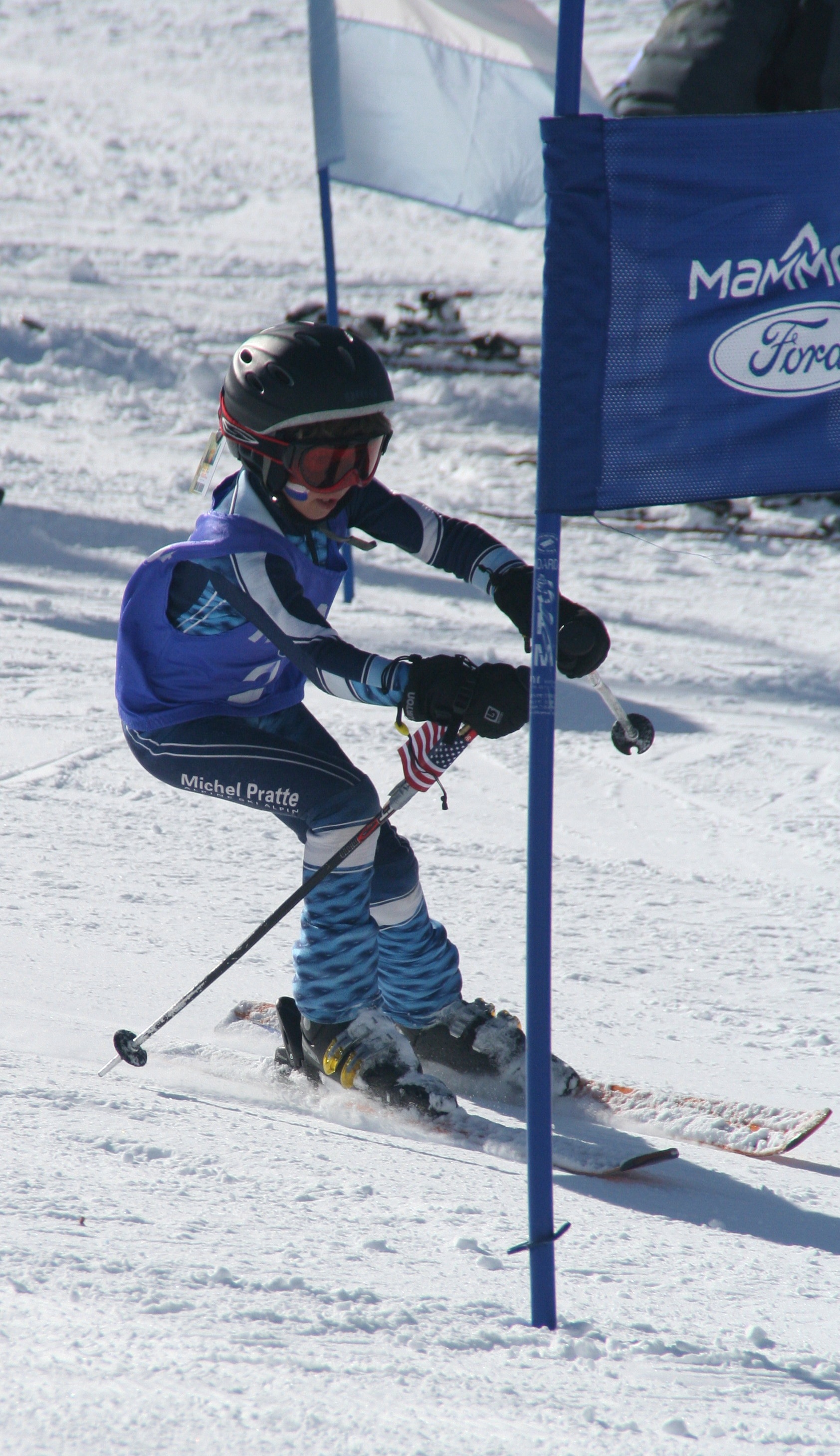 Seven-year-old Drew Entin makes a sharp turn on his way to clocking the fastest time in Mammoth Mountain's Mighty Mite Ski Championships. Photo courtesy of Rick Entin